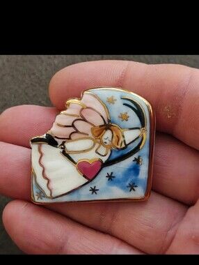 1980s Ceramic Multi-Color Enameled Flying  Angel Brooch